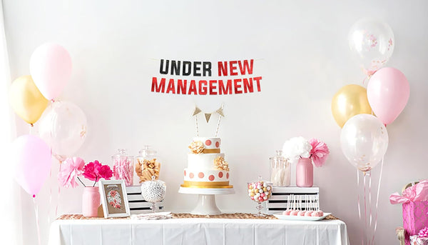 Under New Management Red & Black Glitter Banner