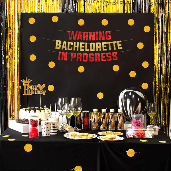 WARNING BACHELORETTE IN PROGRESS Red & Gold Glitter Banner