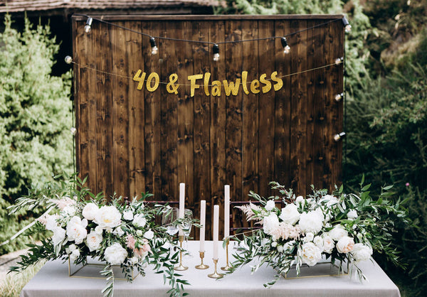 40 & Flawless Gold Glitter Banner - 40th Birthday and Anniversary Party Decorations