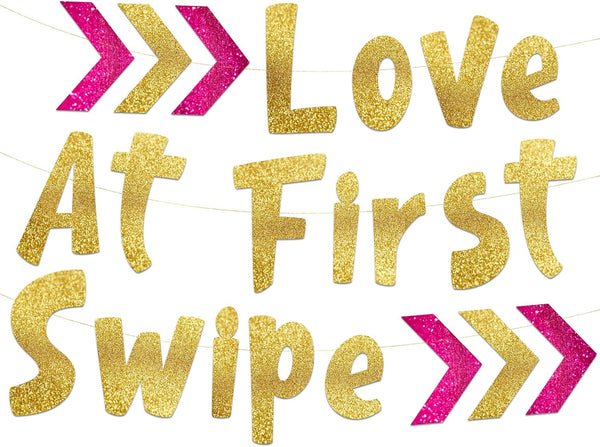 Love At First Swipe Gold Glitter Banner