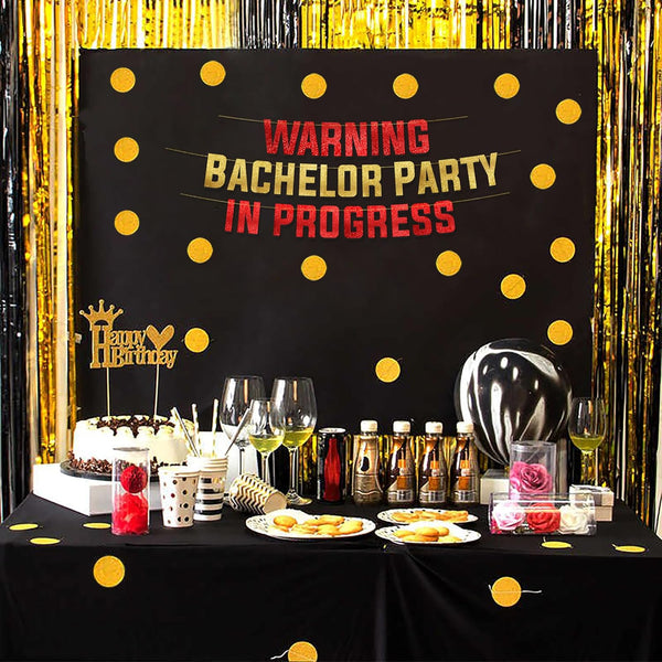 WARNING BACHELOR PARTY IN PROGRESS Red & Gold Glitter Banner