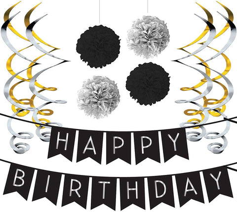 Birthday Party Pack - Black & Silver Happy Birthday Bunting, Poms, and Swirls Pack